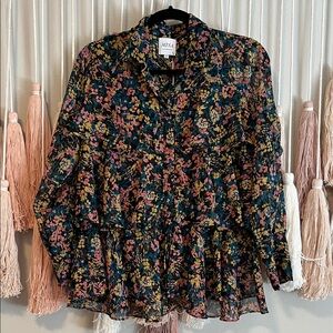 MISA Floral Ruffled Black Blouse size xs NWT